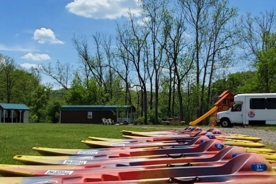 multiple kayak sitting on top of a grass covered field